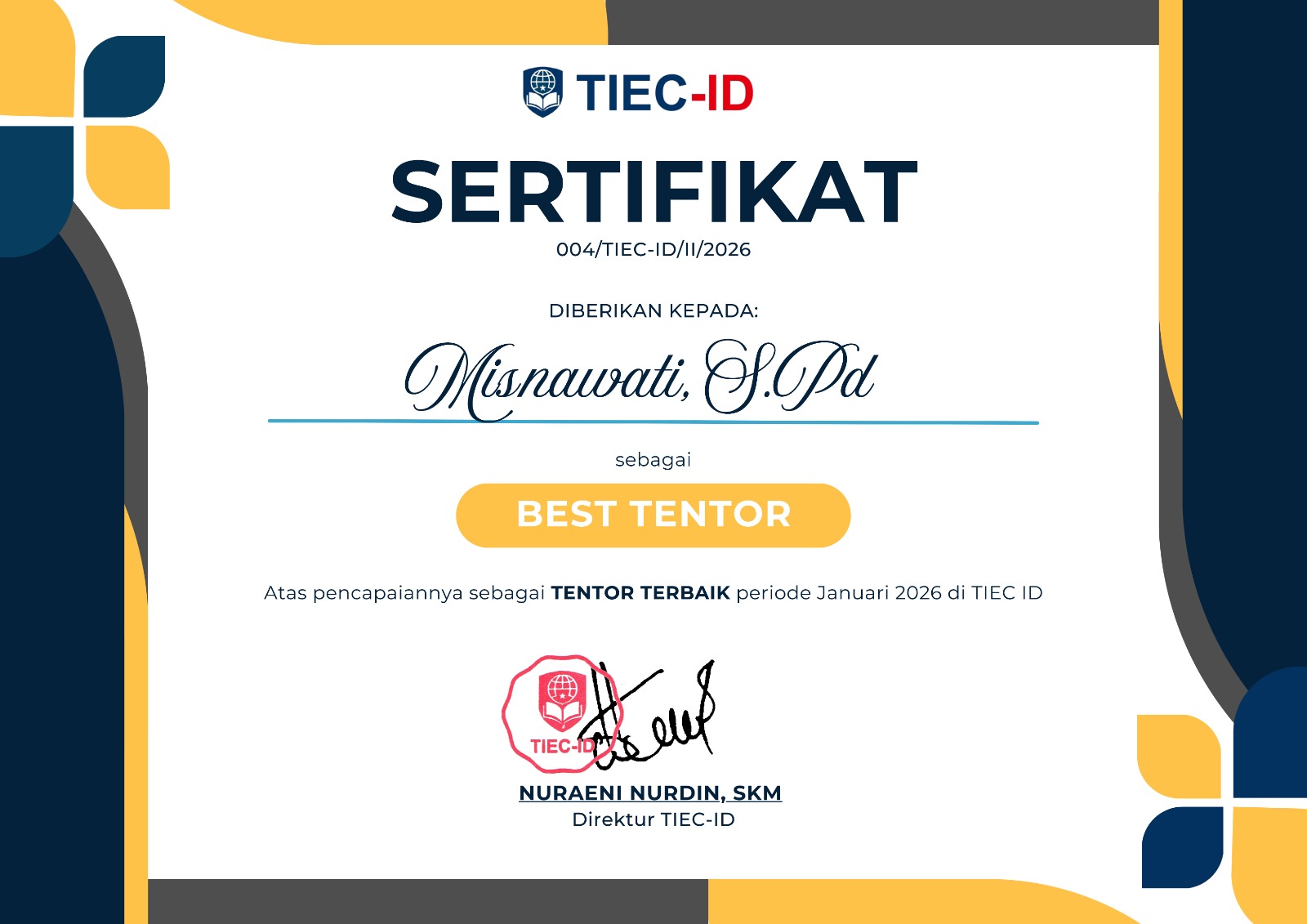 TIEC-ID Umumkan Best Tentor of The Month Januari 2026 Berdasarkan Evaluasi Siswa